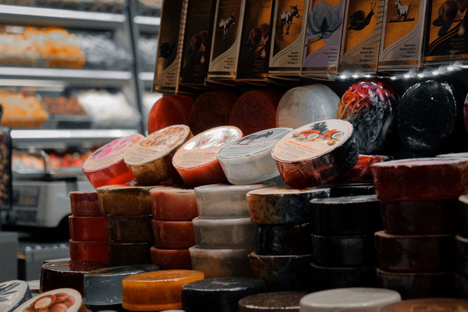 Vrnjacka Banja market stand banjski sir cheese wheels display