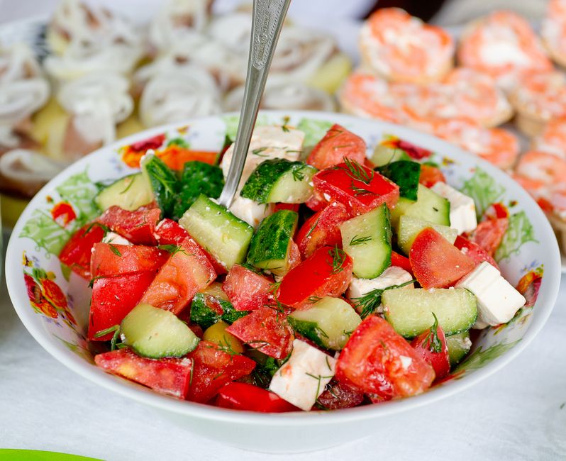 Shopska Salata Bulgarian salad tomatoes cucumbers sirene cheese