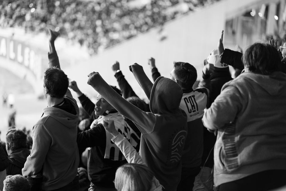 Serbian football fans celebrating goal in Belgrade