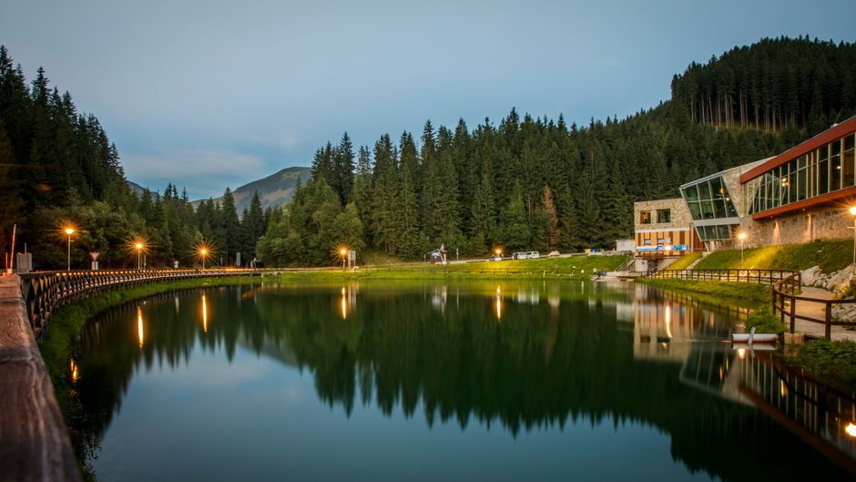 Balia Lake Fagaras Mountains Romania alpine lake pine forest reflection