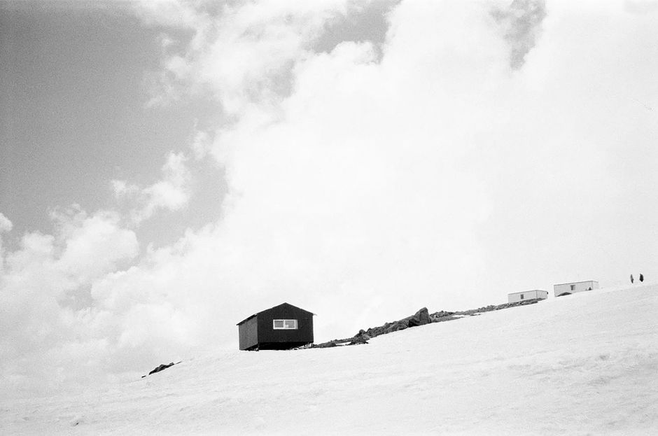 Spiros Samaras Hut Mount Olympus Greece snow rocky exterior