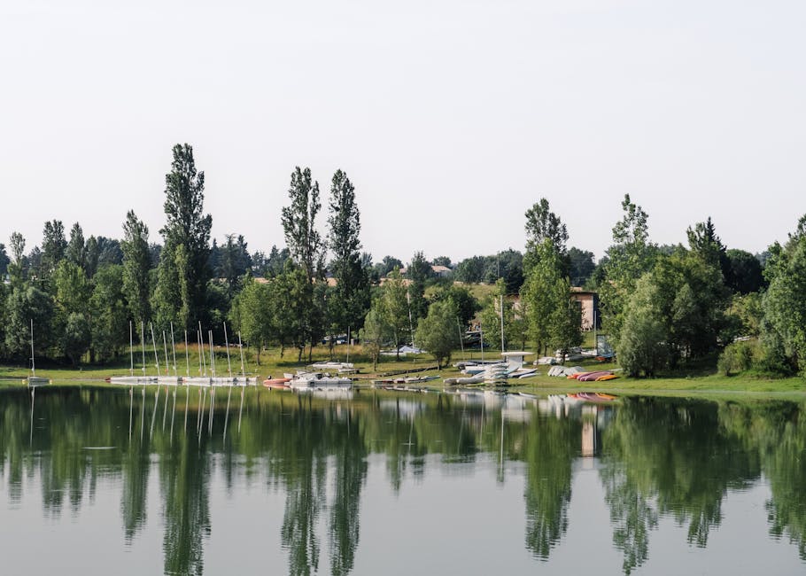 Kozjak Lake Bosnia calm water with kayaks and pine trees