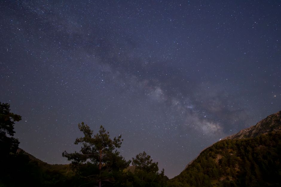 Theth Albania night sky stars Milky Way mountain silhouette