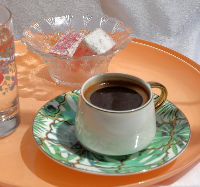 Turkish coffee cup lokum sweet shop counter
