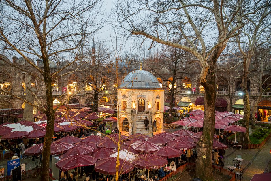 Kursumli Han Skopje courtyard restaurant evening