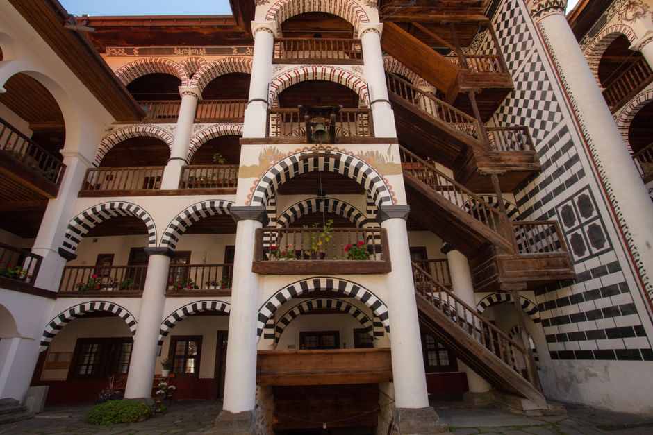 Rila Monastery Bulgaria central courtyard colorful facades