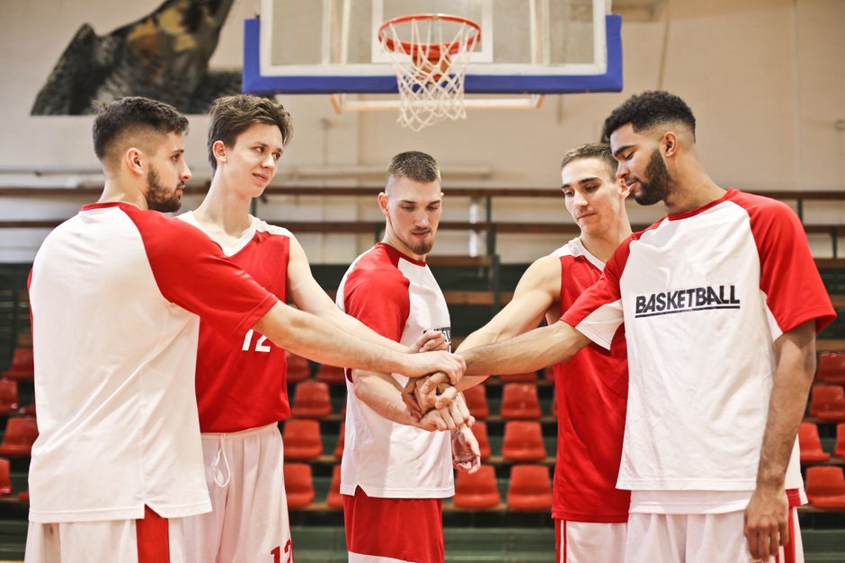 Banvit Bursaspor basketball team huddle during game