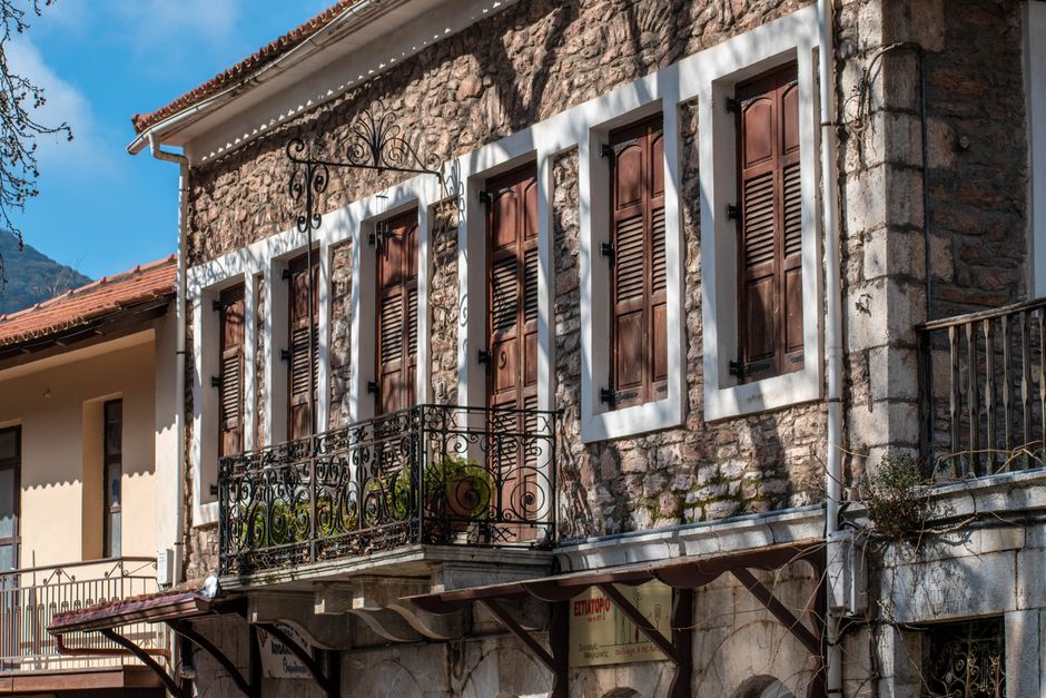 Platanos village square Mount Olympus Greece traditional architecture