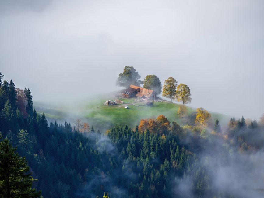 Tokaj Hungary colorful houses on hillside overlooking Tisza river morning fog
