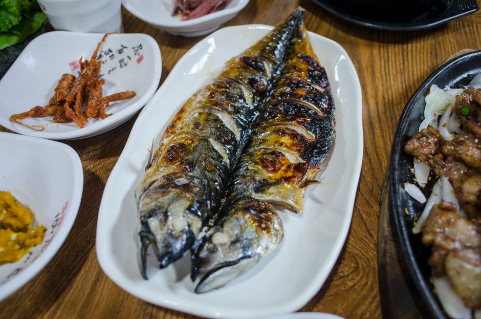 Broiled mackerel banitsa Bulgarian seafood dish plate