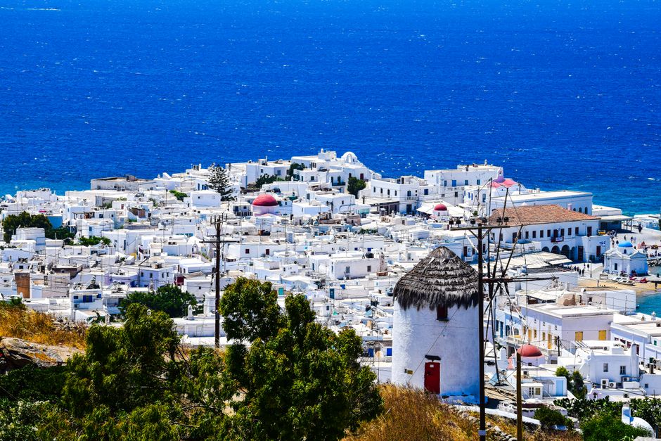 Chora Amorgos white village clifftop view Aegean Sea