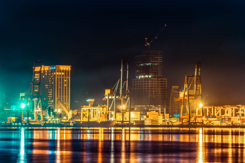 Port of Varna nightlife waterfront bars evening lights Black Sea view