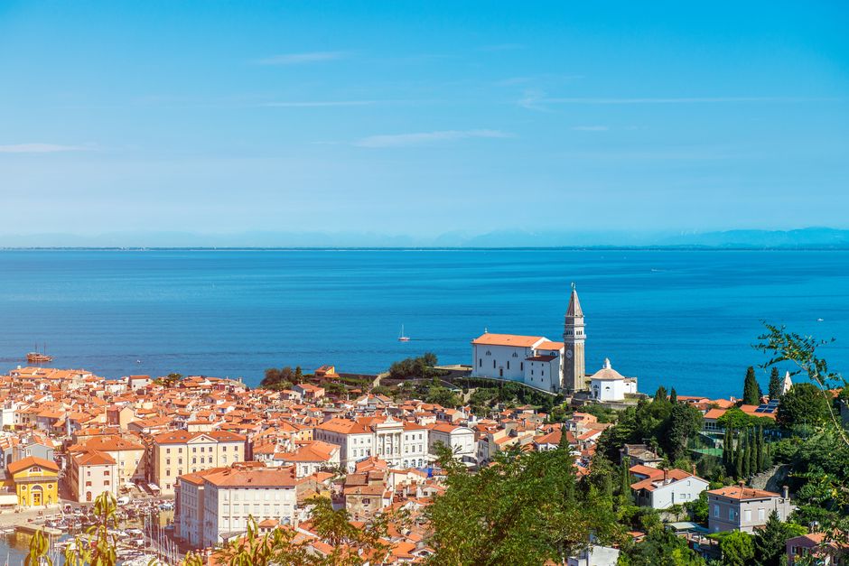 Piran Old Town Slovenia bell tower narrow streets sunset