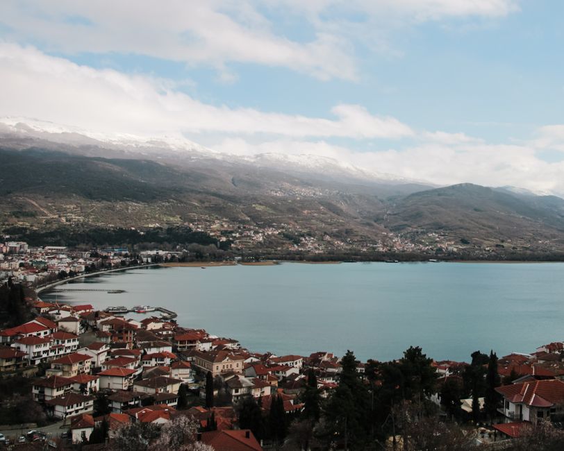 Ohrid Clock Tower panoramic view bazaar lake