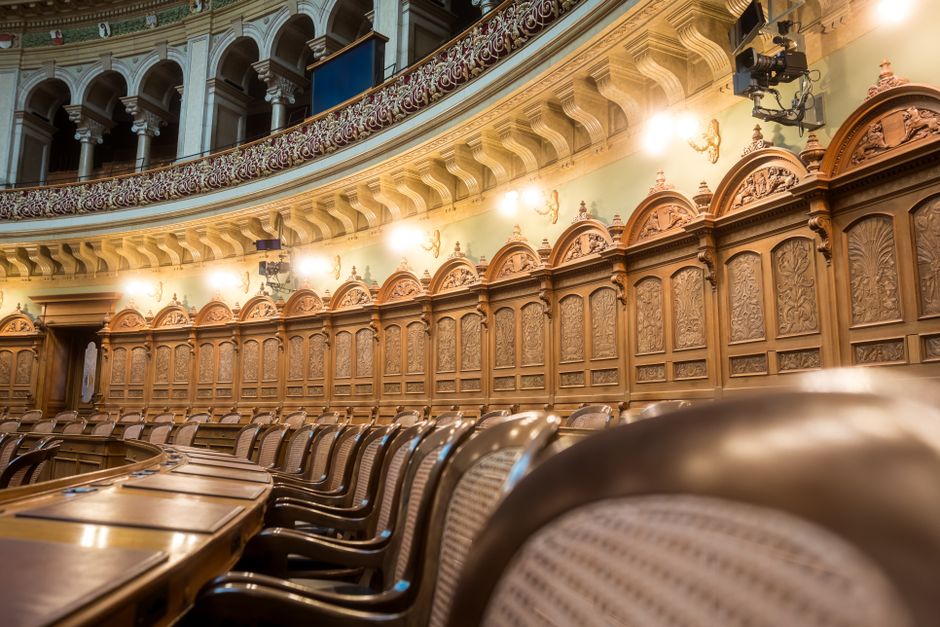 Turkish parliament interior opposition benches CHP logo