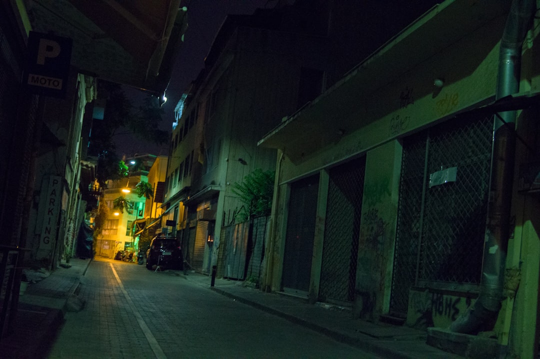 Athens street scene night taverna lights
