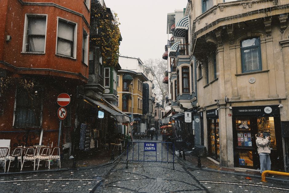 Pristina Old Bazaar winter snow cobblestone streets