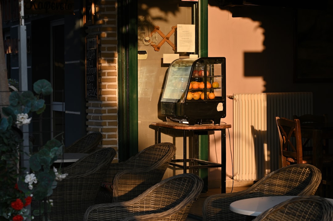 Kalabaka Greece bar outdoor seating evening lights