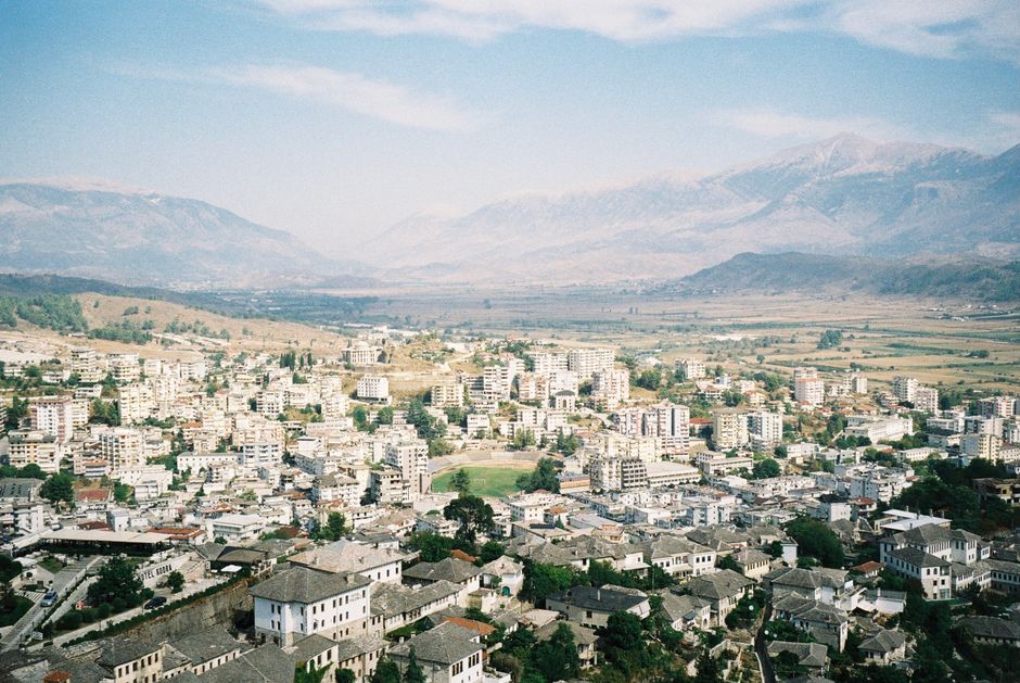Gjirokastër Kala Fortress Albania panoramic view slate roofs below