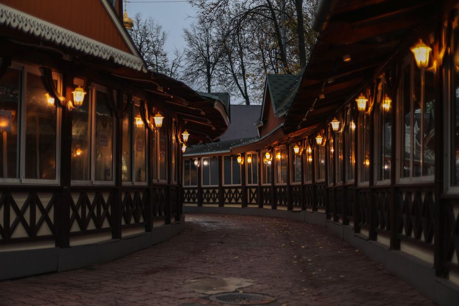 Rila Monastery village evening bar street lights