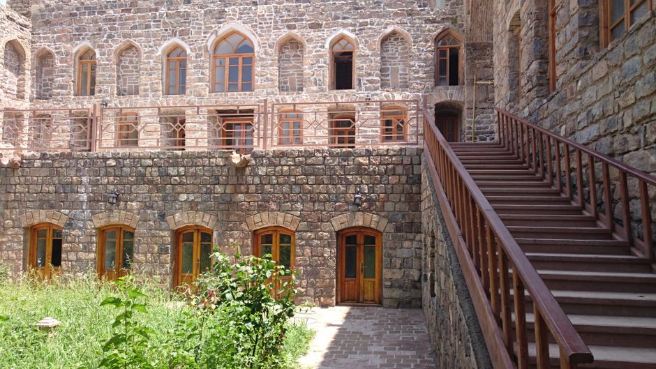 Studenica Monastery night exterior stone walls stars
