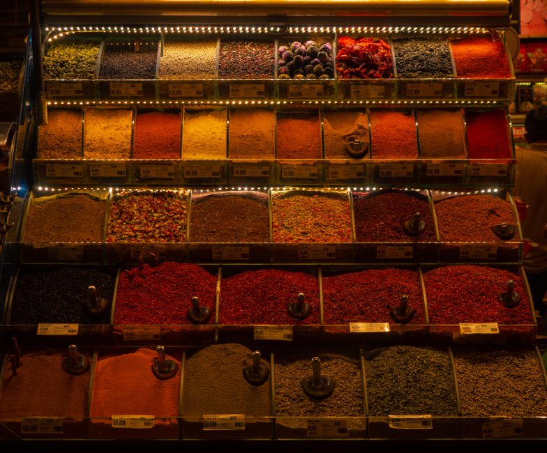 Plovdiv Bazaar spices jars colorful display morning light