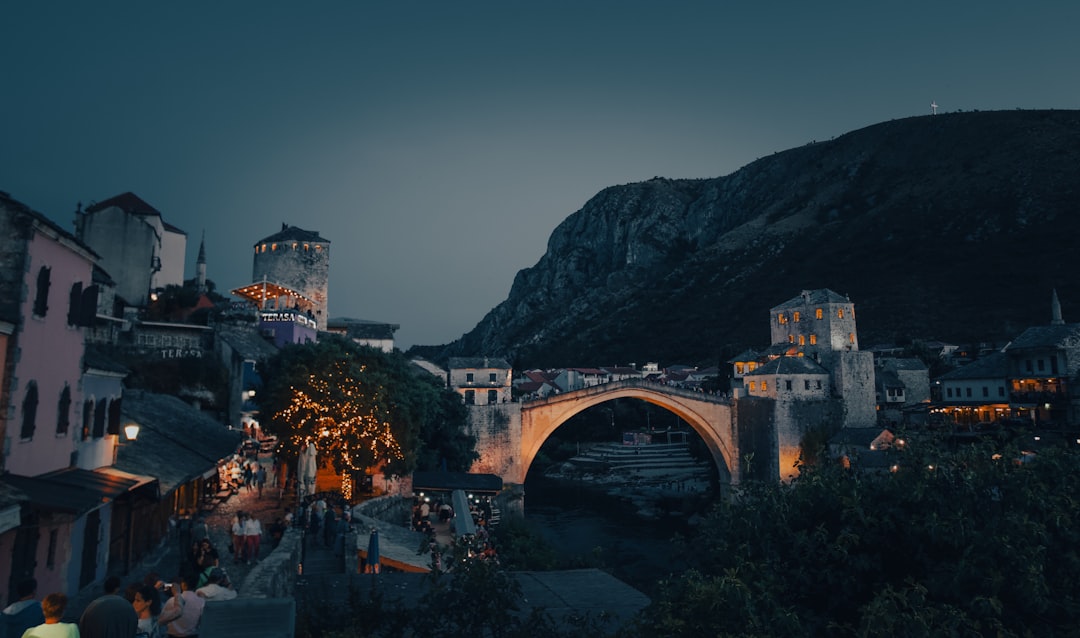 Outdoor cafe terrace Mostar evening atmosphere locals tourists