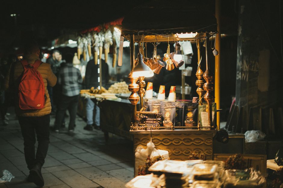 Sarande market street food vendors Albania evening