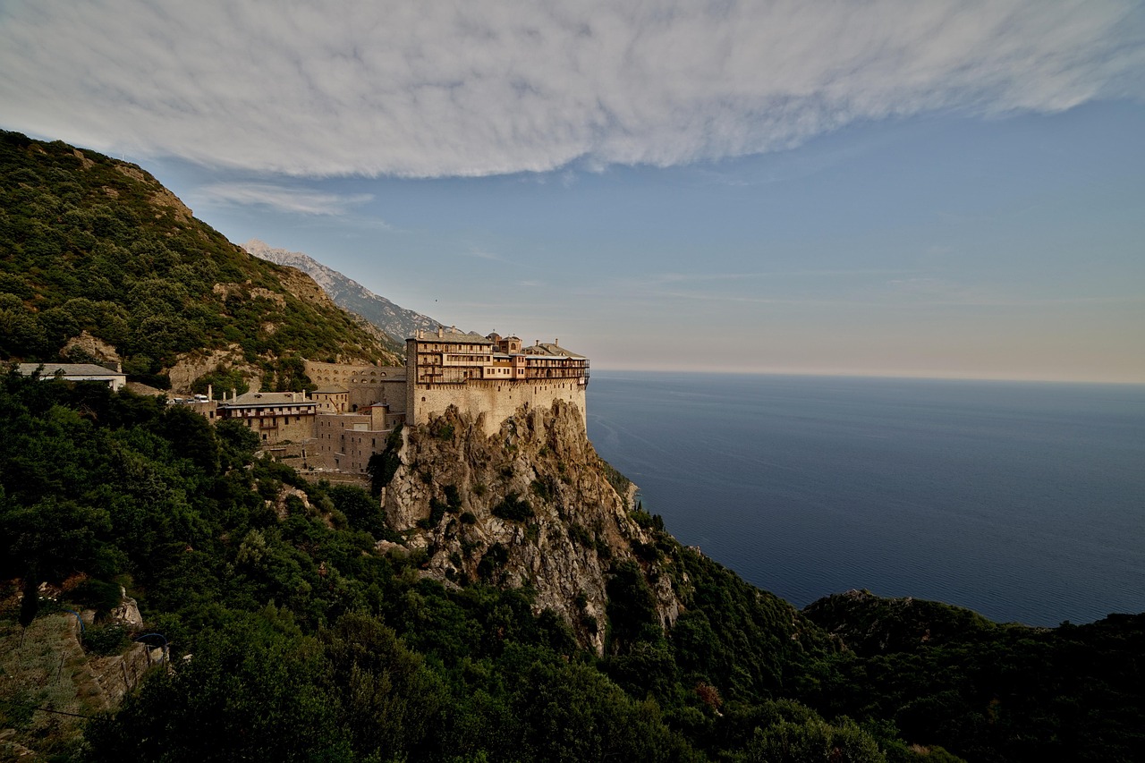 Mount Athos Greece night sky stars monastery silhouette