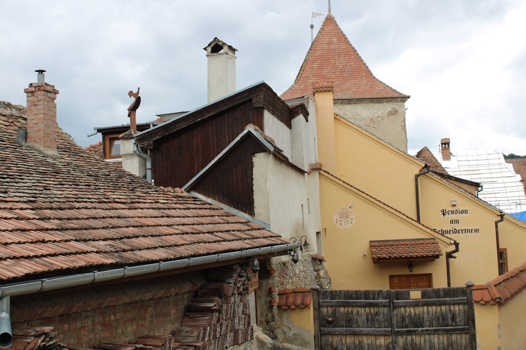 Sighisoara Union Square Romania colorful medieval houses statue