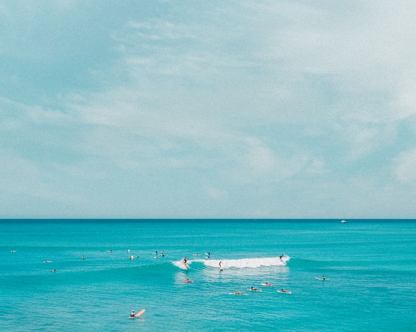 Golden Sands Bulgaria surfers riding wave near hotels