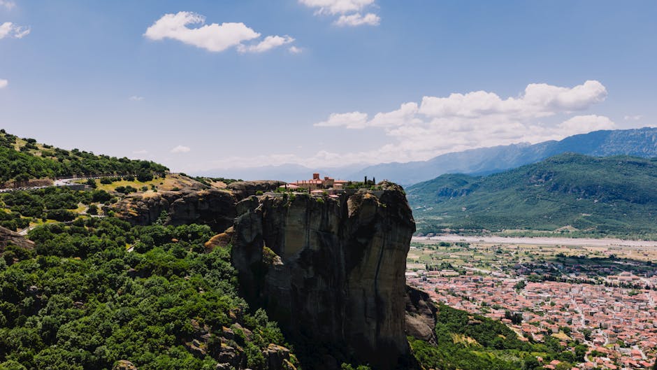 Agia Triada Monastery Meteora Greece narrow ledge panoramic view