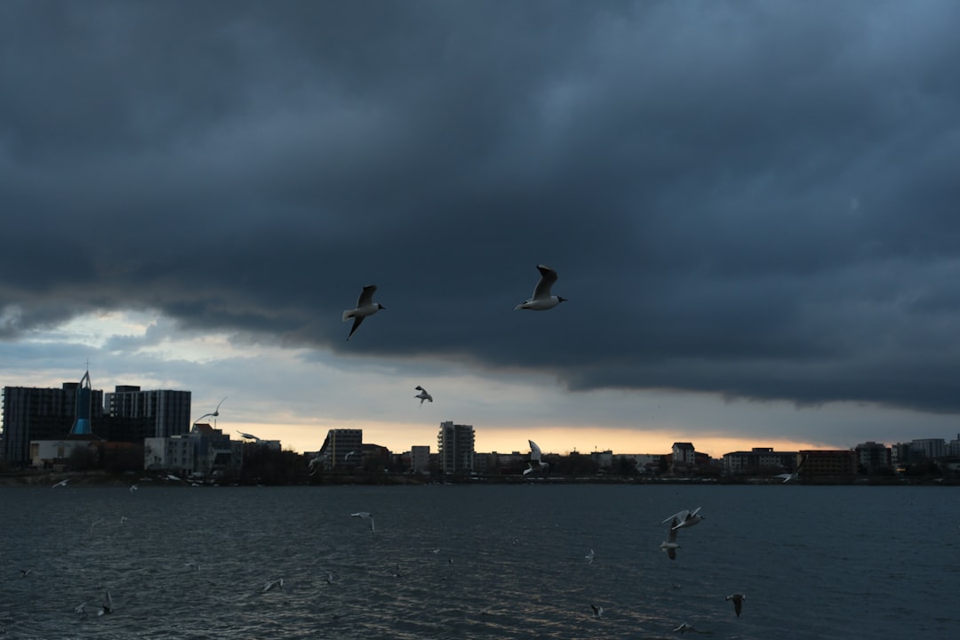 Bucharest skyline under stormy dark clouds