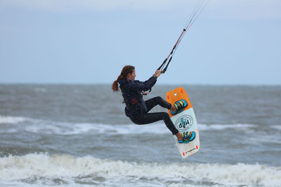 Durres Beach Albania kite surfers in action wind spray
