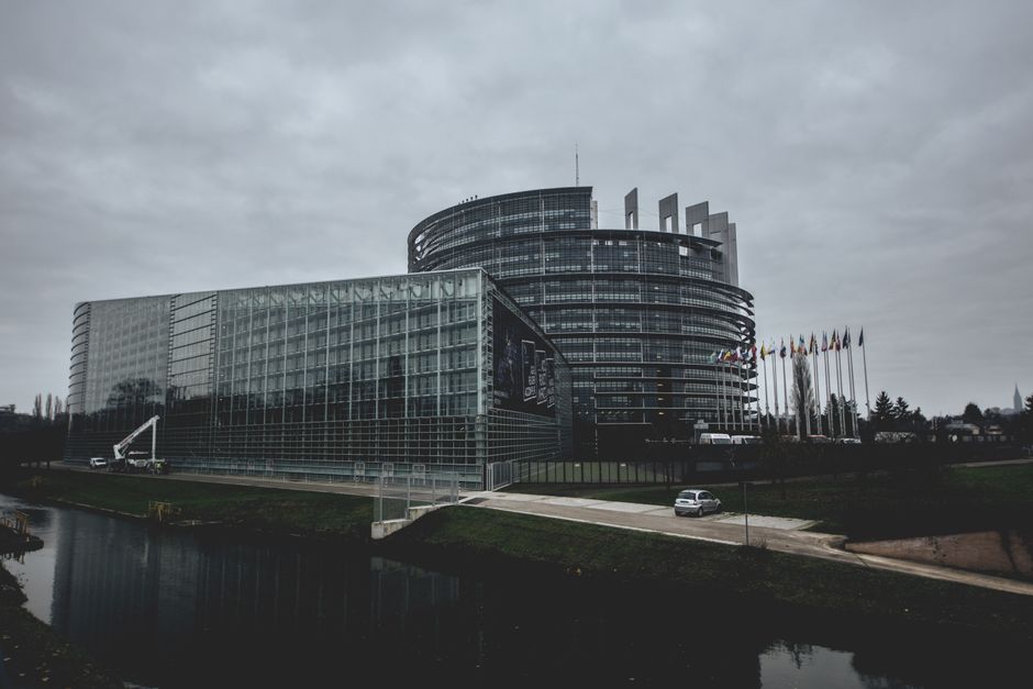 European Union flag flying over Romanian government building