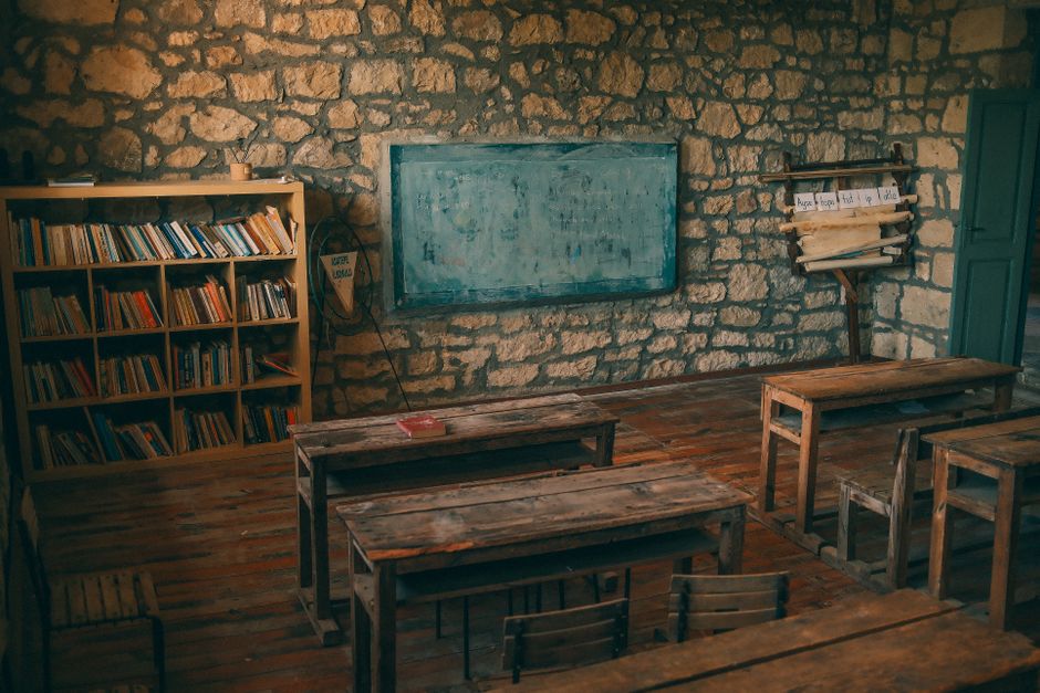 Empty classroom in rural Romania school building