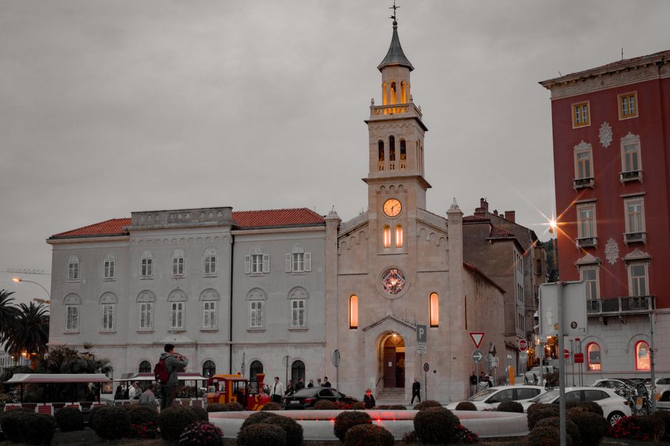 Peristyle night Split Croatia bars crowds lights