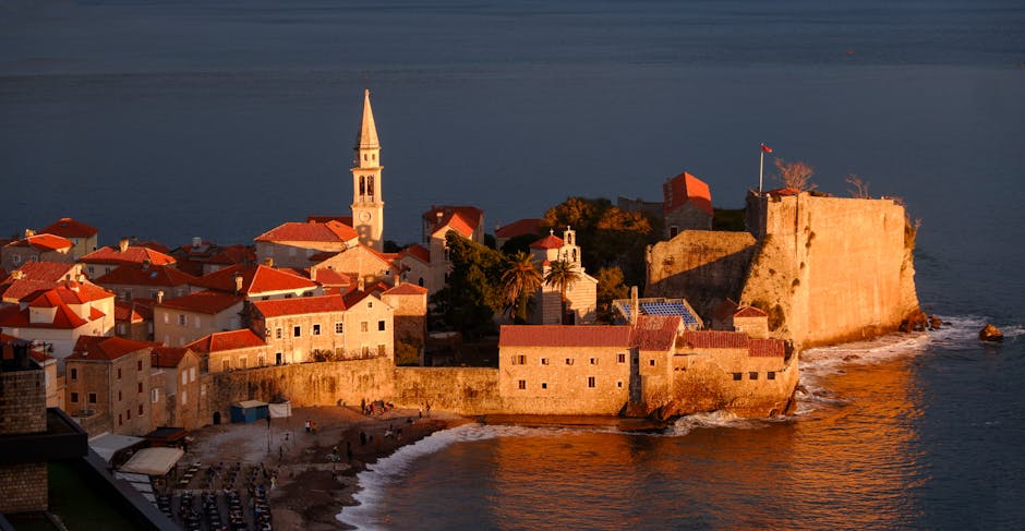 Budva Old Town Montenegro stone streets cathedral sunset