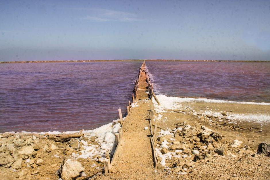 Pomorie Salt Lakes Bulgaria pink water industrial pans salt piles