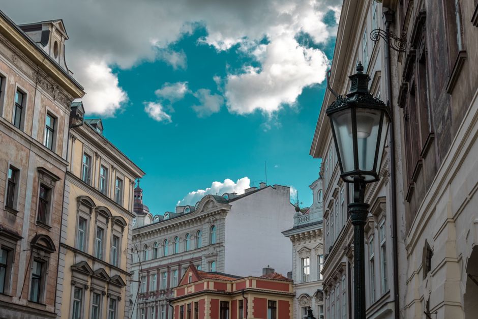 Lucerna Passage Prague club exterior historic building lights