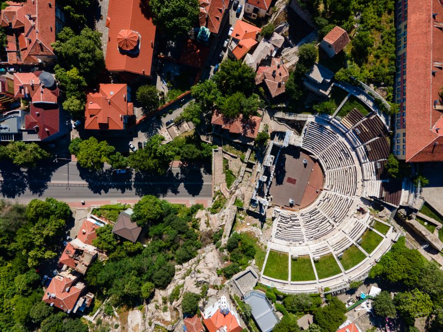 Plovdiv Roman Theatre Bulgaria ancient stone seating Nevski Hill daylight