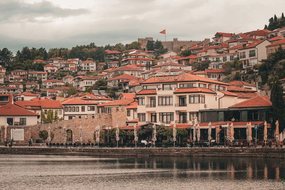 Ohrid lakeside promenade nightlife evening lights