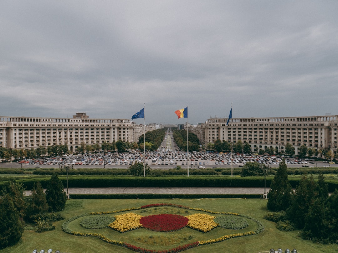 EU flags waving outside Romanian government building Bucharest
