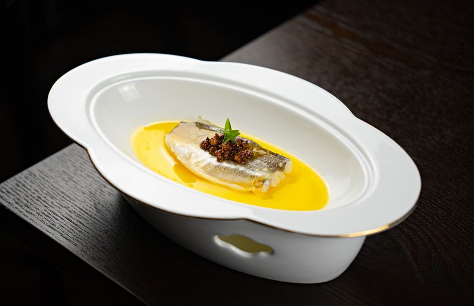 Ohrid lakefront restaurant fish paprikash dish