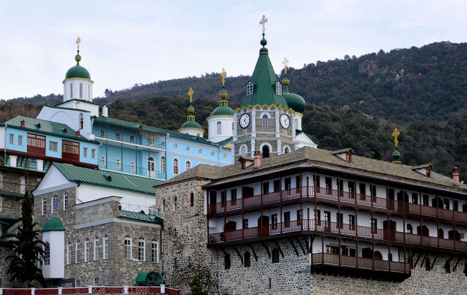 Mount Athos Greece communal dining hall monks eating silent meal