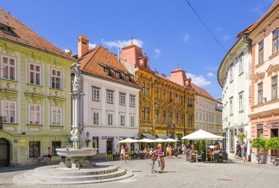 Prešeren Square Ljubljana outdoor cafes evening atmosphere