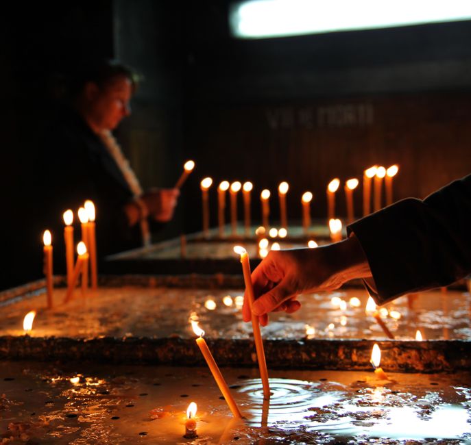 Midnight liturgy Mount Athos Greece monastery church candles