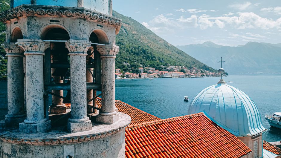 Our Lady of the Rocks island Montenegro blue sea white church