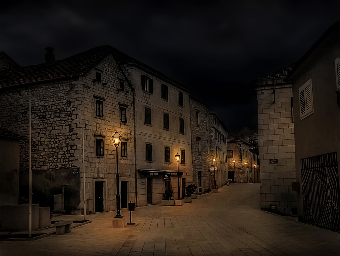 Novi Sad Dunavska Street historic buildings illuminated night view