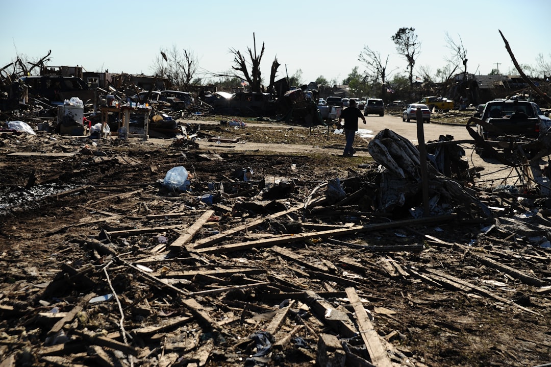Emergency workers clearing debris after storm